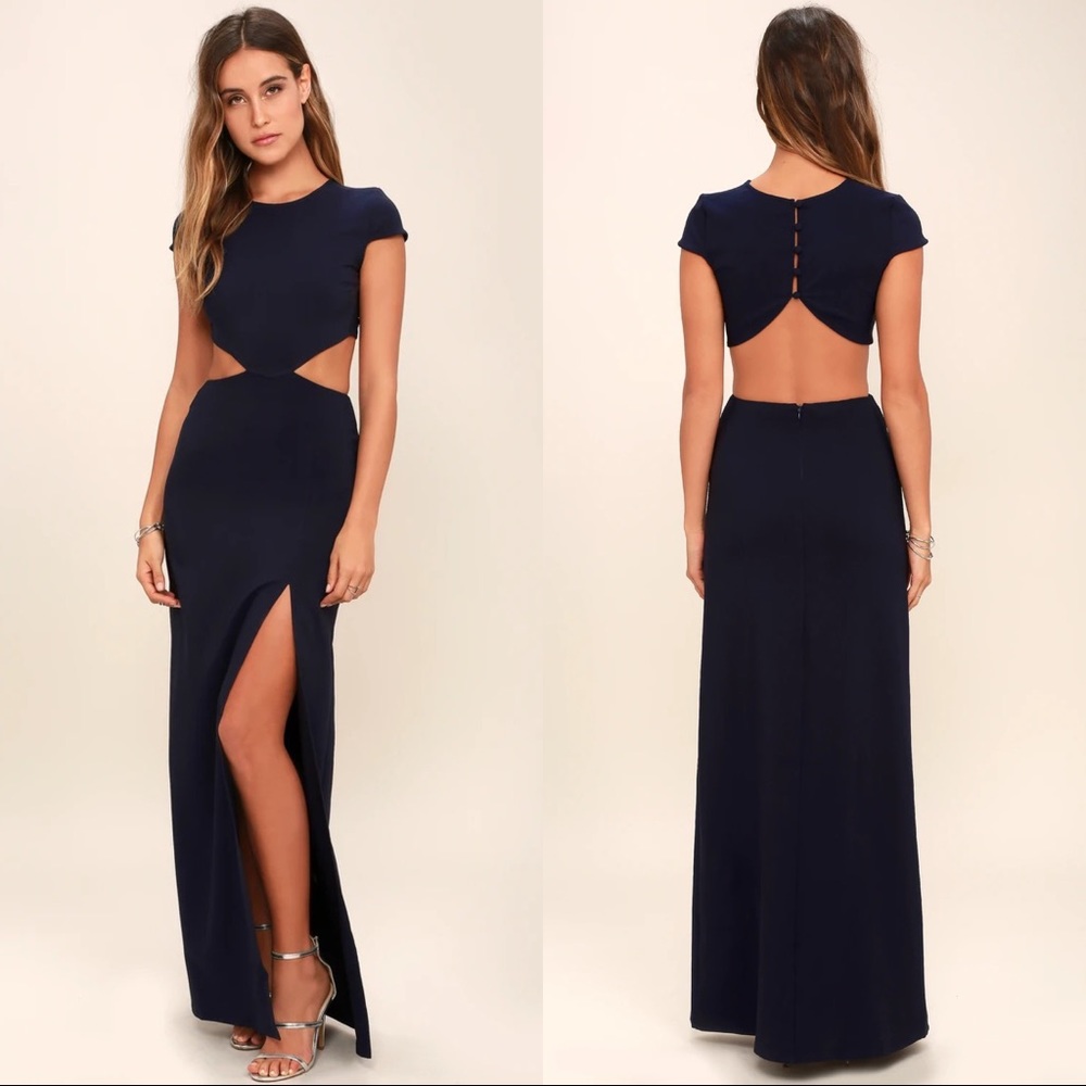 Lulu’s Conversation Piece Navy Backless Maxi Dress